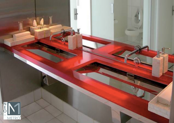 eco-friendly countertop for hotel restroom design red resin countertop w/stainless steel basin
