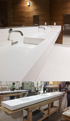 Custom Slab, solid surface, triple integrated basins click to enlarge